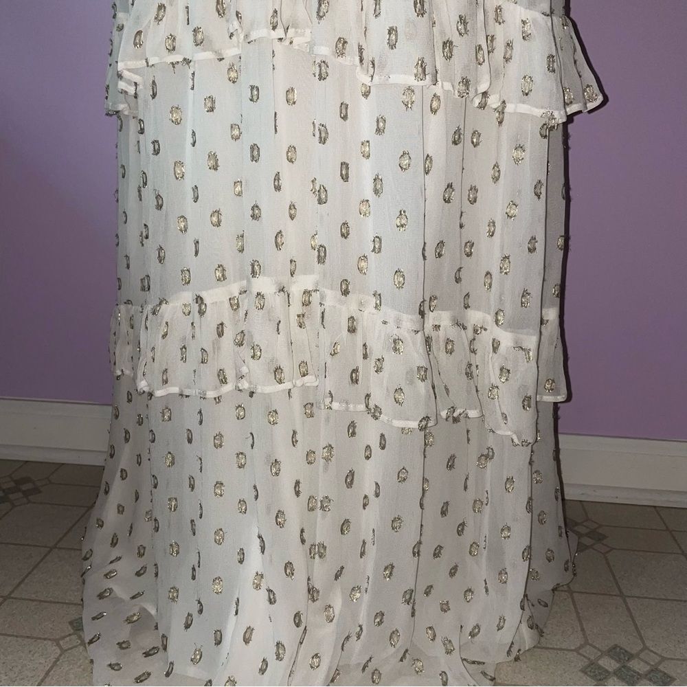 NEW En Creme Maxi Dress M Boho Metallic Polka Dot Cutout Ruffle Tiered - Picture 6 of 13